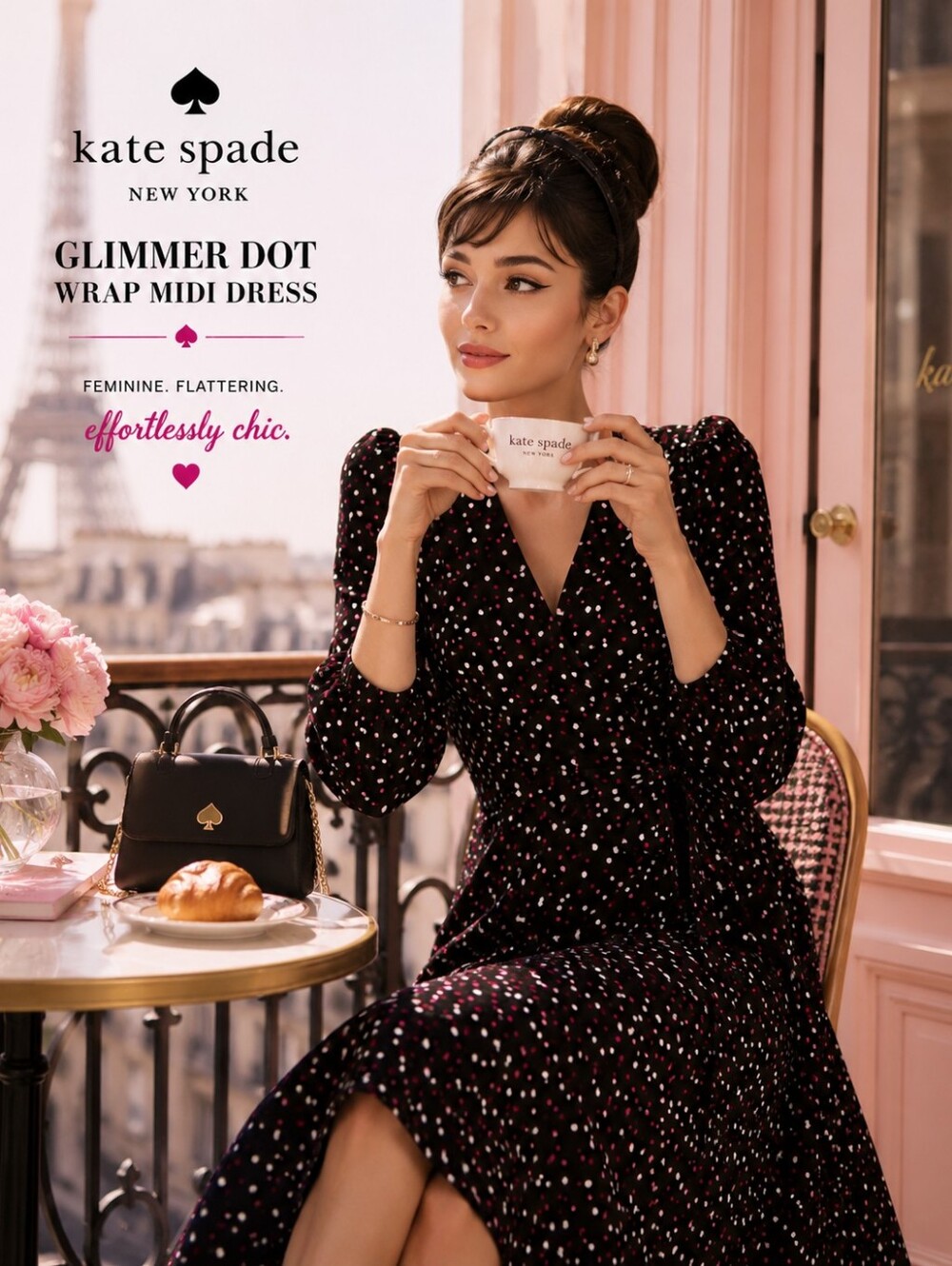 Kate Spade Glimmer Dot Wrap Midi Dress | Black Pink Polka Dot | Large | Like New - Picture 12 of 14